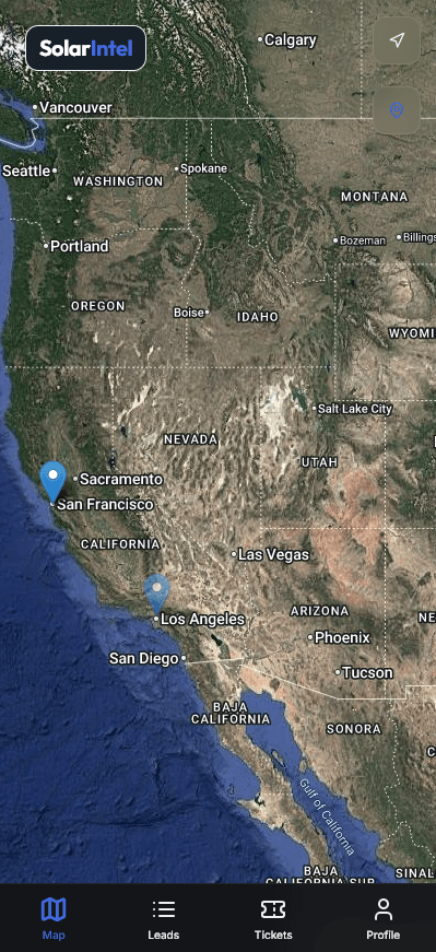 Solar Intel App mobile interface — map view with lead pins and bottom navigation
