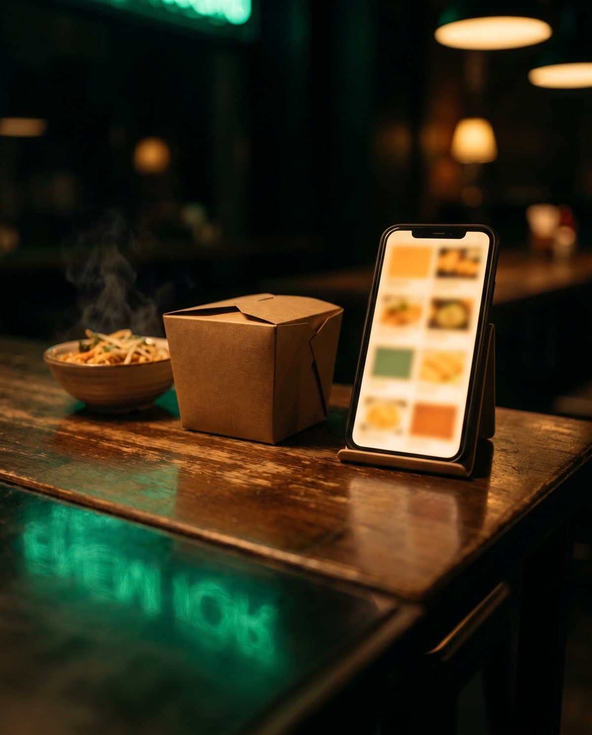 Phone showing an online ordering menu beside a takeout box on a restaurant counter at night